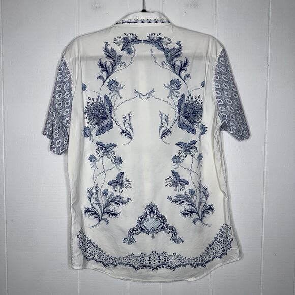 7Diamonds Men’s Floral Short Sleeve Button Down Shirt White Blue Size Large - Picture 2 of 5